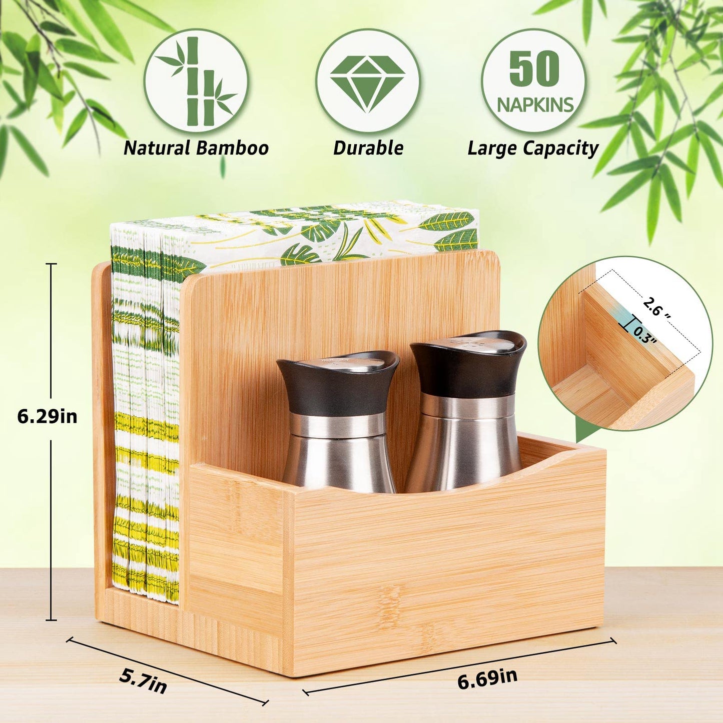 MOLEDINO Bamboo Salt Pepper Napkin Holder Set for Kitchen Dining Table, Natural Napkin Holder Stand with Salt Pepper Caddy Restaurant Lunch Organizer