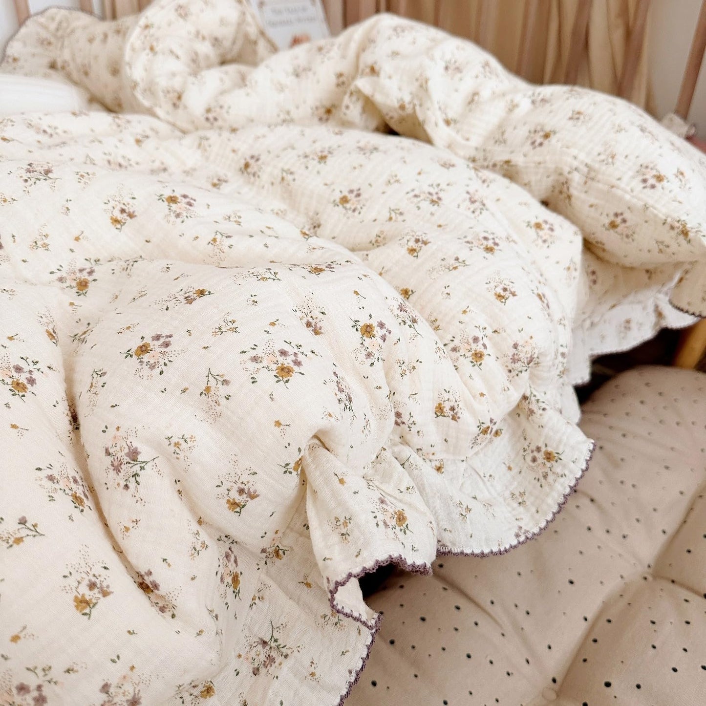 BuLuTu Beige Kids Toddler Baby Duvet Cover Girls Muslin Duvet Covers Floral Nursery Quilt Cover Gauze Bedding Coverlet, 47"x59", Crapemyrtle Print (No Pillowcases)