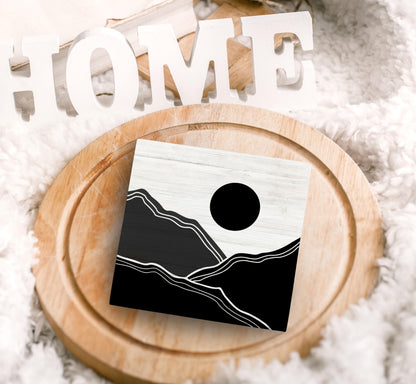 SRADMO Abstract Black and White Boho Sun Mountains Wood Box Sign Desk Decor, Bohemian Nature Landscape Wooden Block Box Sign Decoration for Home Office Shelf Table Decorative Accessories