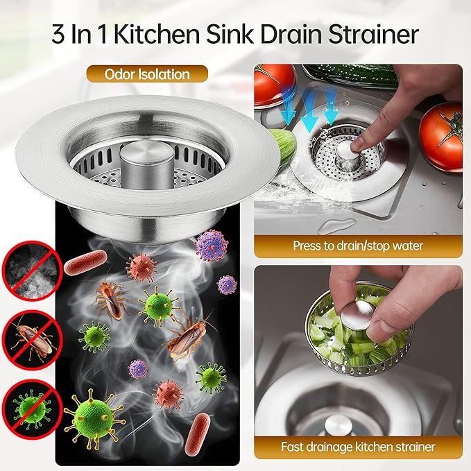 YYKBZ 3 in 1 Kitchen Sink Drain Strainer， Stainless Steel Pop Up Sink Stopper，