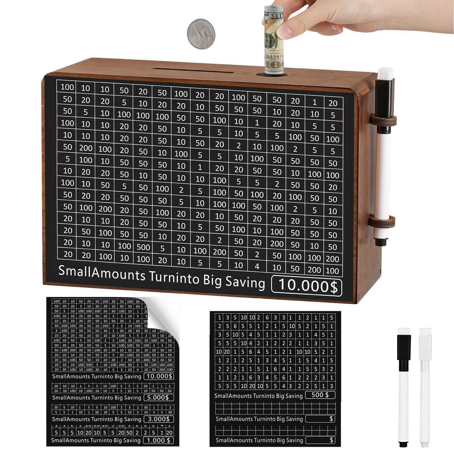 Wooden Money Saving Box for Kids & Adults - Reusable $10,000 Savings Challenge Box with Progress Tracker & Cash Vault, Educational Piggy Bank Gift for Boys Girls 3-12 (7 Amounts, Wood)