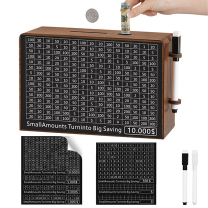 Wooden Money Saving Box for Kids & Adults - Reusable $10,000 Savings Challenge Box with Progress Tracker & Cash Vault, Educational Piggy Bank Gift for Boys Girls 3-12 (7 Amounts, Wood)