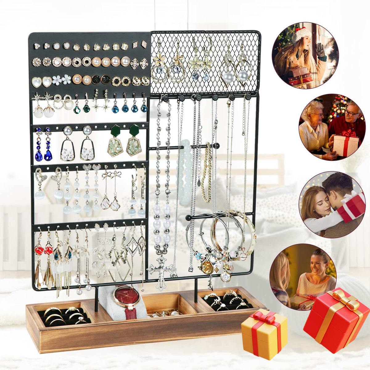 sovia Jewelry Organizer Stand,Earring Organizer with 84 Holes Ear Stud,Jewelry Organizer Holder with Wooden Tray for Earrings Necklaces Bracelets Watches and Rings,Earring Holder Organizer,Black