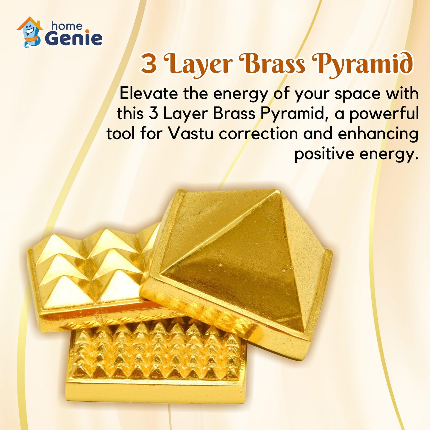 Home Genie 3 Layer Brass Pyramid for Vastu Correction, Positive Energy, and Home Décor – Handmade Spiritual Tool (3x3cm)