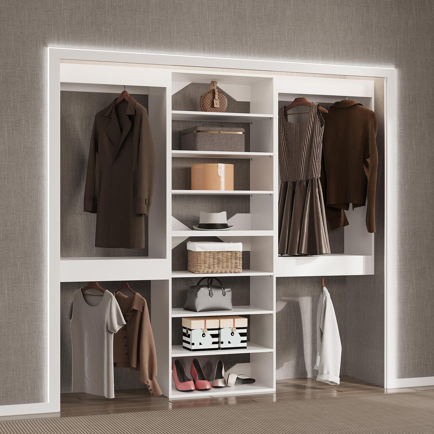 MODCART Modular Closet System, 102" Wide Closet Organizer System with Hanging and Towers, Wood Tower Closet Storage for Walk In Closets, Wall Mounted Wardrobe Organizer Kit System, Bedroom,White