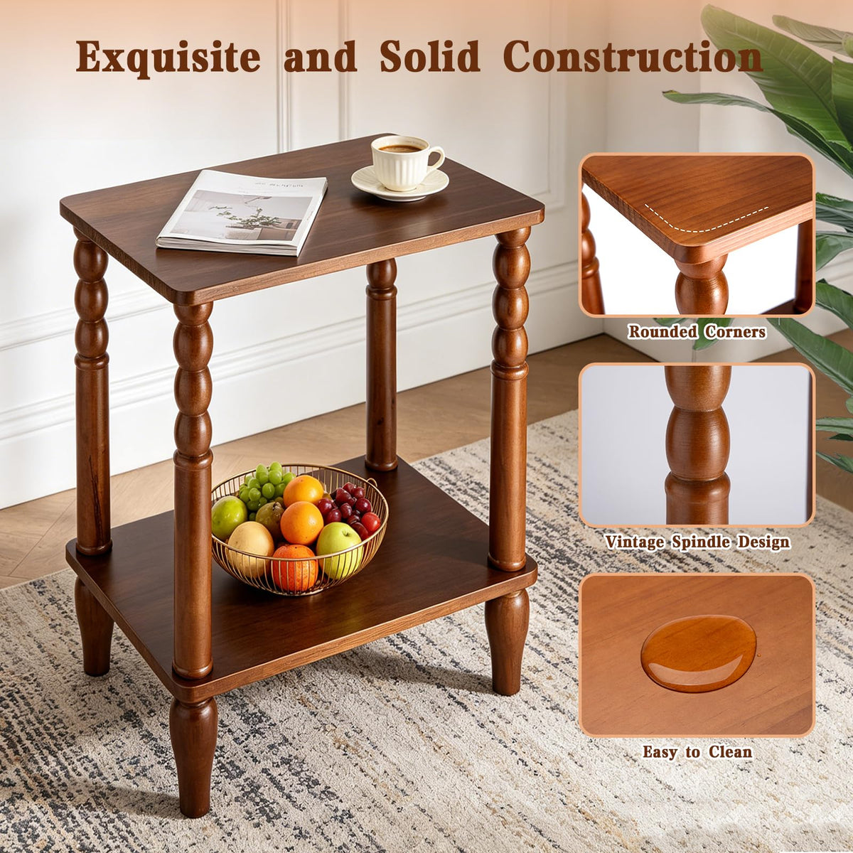 Lampaggio Solid Wood End Table with Storage Shelf, 2-Tier Small Side Table with Vintage Spindle Legs, Narrow Nightstand for Living Room, Bedroom & Small Spaces, Easy Assembly (Brown)