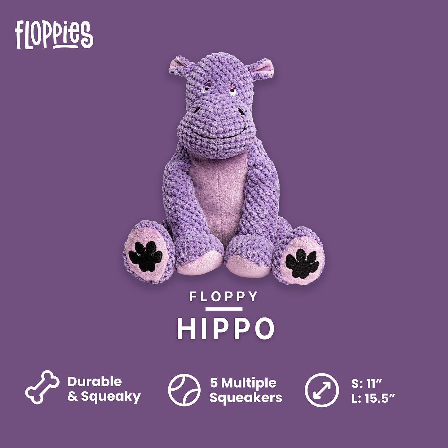 fabdog Floppies Plush Dog Toy - Cute & Durable Squeaky Large Dog Toys - Best Squeak Toy for Puppies and All Breeds | Ideal Pet Gift | Large Hippo