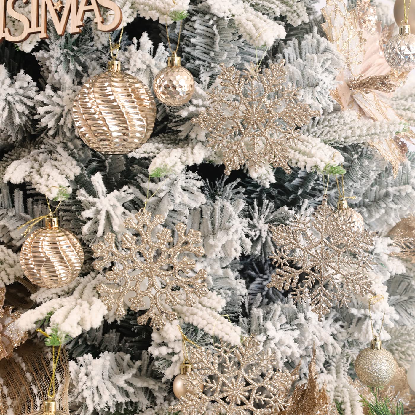 30PCS Christmas Glitter Snowflake Ornaments Plastic Snowflakes Ornaments-Xmas Tree Decorations,4.7-inch (Champagne Gold)