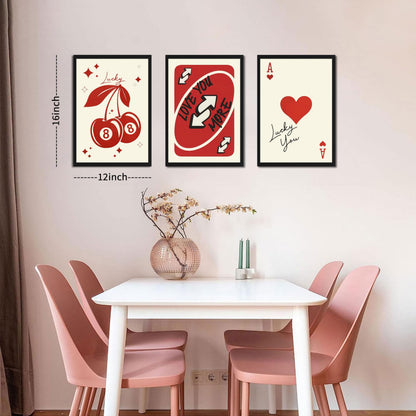 Red Heart Wall Art Set of 3, Trendy Love You More Valentine Wall Decor Paintings, Funky Y2K Ace of Hearts Canvas Prints Pictures, for Bedroom Dorm Bar Valentine Gift 12x16 Inch Wood Framed