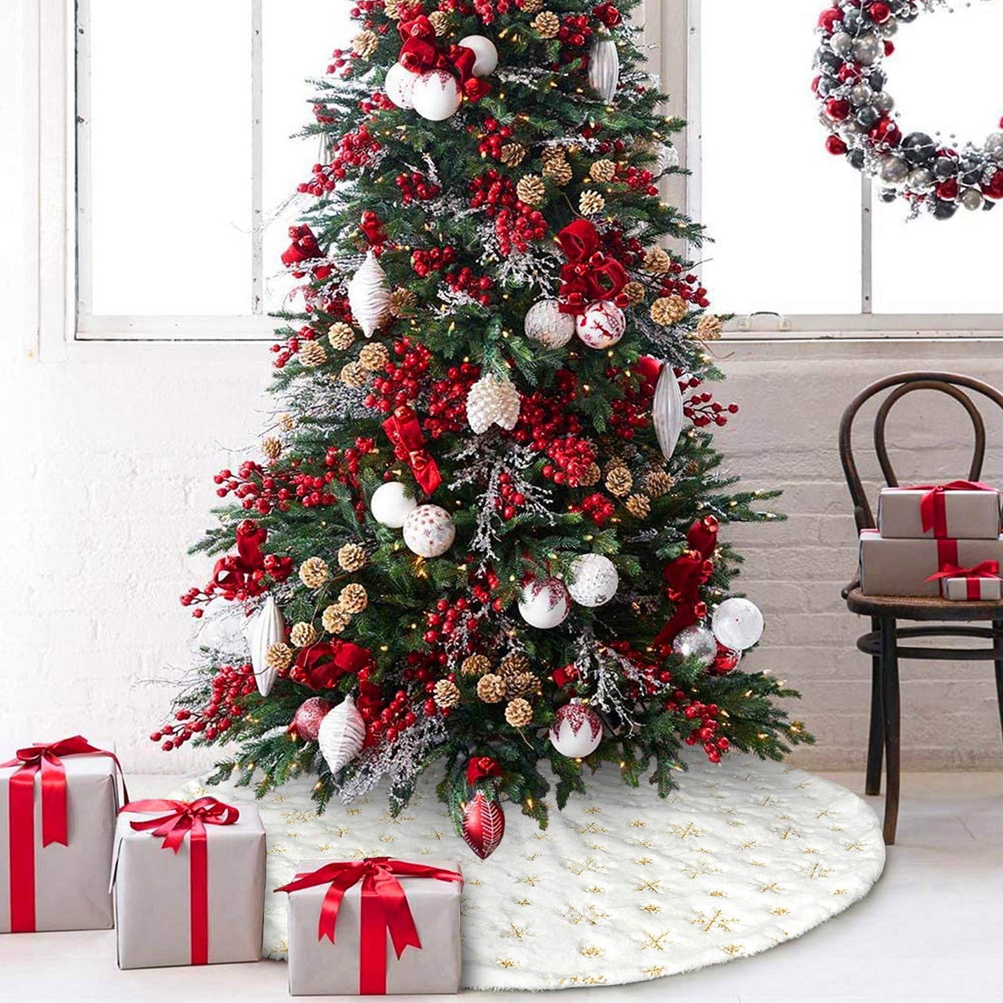 Dremisland Christmas Tree Skirt 36" Large White&Gold Luxury Faux Fur Tree Skirt with Snowflakes Super Soft Thick Plush Tree Skirt for Xmas Tree Decoration (Golden, 36inch/90cm)