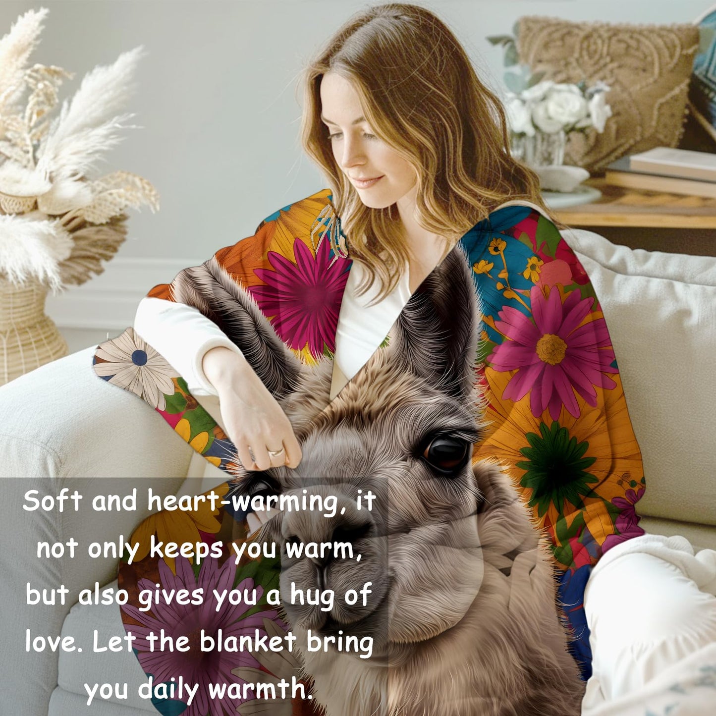 VANZEV Floral Llama Throw Blanket Gifts for Women, Boho Style Blankets for Living Room Home Decor, Cozy Flannel Llama Animal Plush Throws 50"x60"