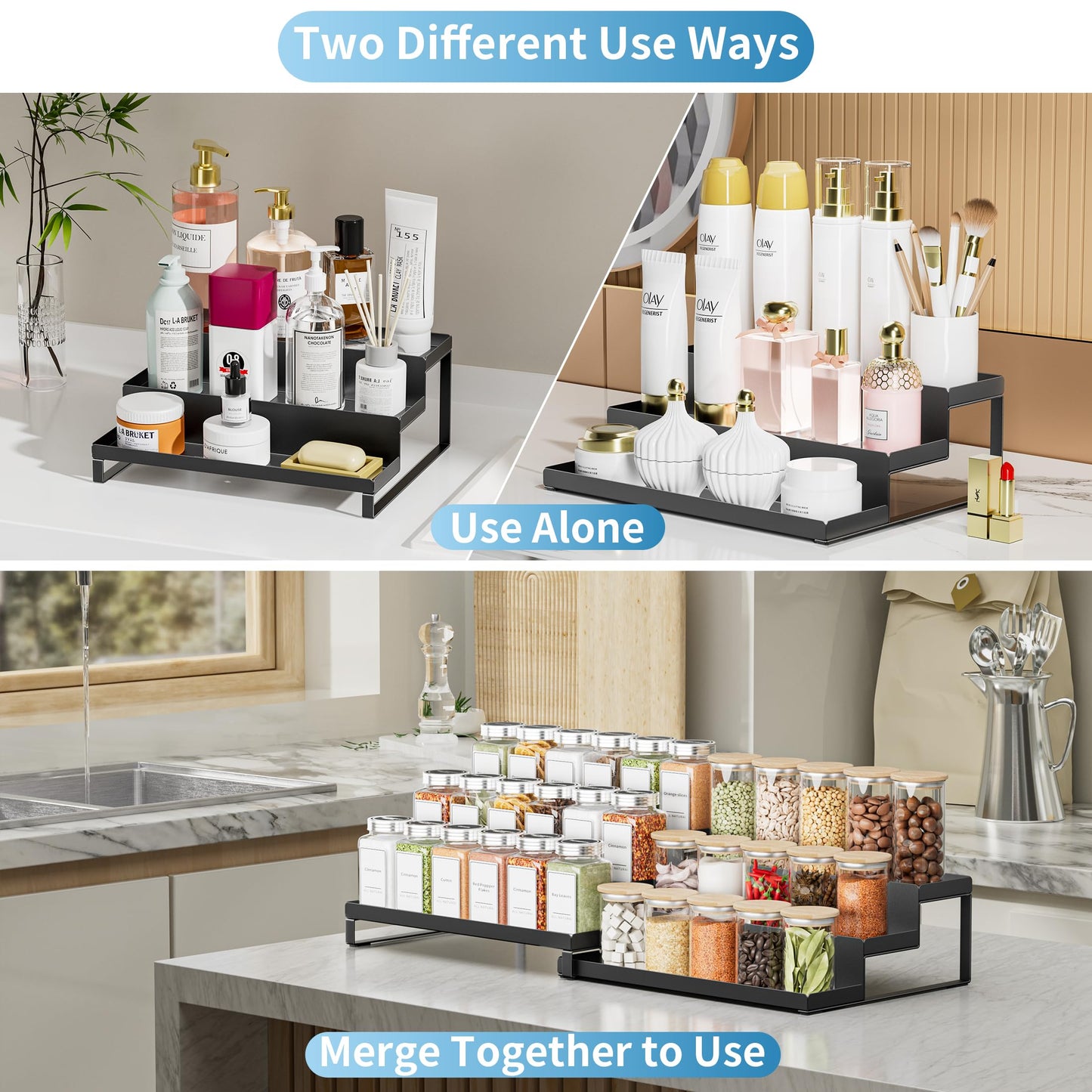 BOIVSHI Spice Rack Organizer for Cabinet, Expandable 3 - Tiered Spice Rack, Metal Spice Organizer, Spice Shelf Organizer for Cabinet, Countertop, Pantry, Cupboard, Black
