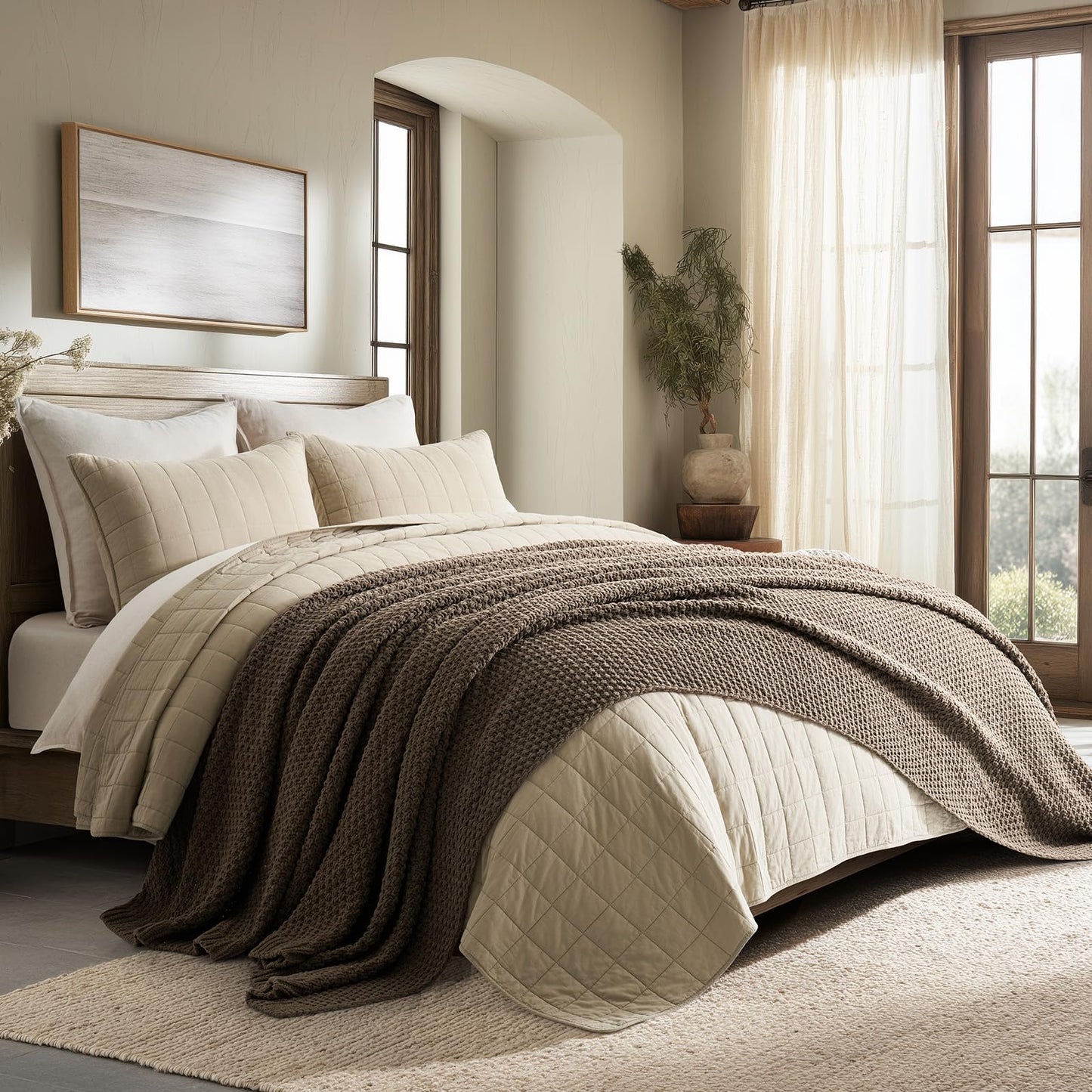 EVERGRACEHOME Chunky Chenille Knit Throw Blanket for Couch, Soft Luxurious Oversized Queen Moss Stitch Blanket for Bed, Cozy Farmhouse Knitted Throw for Sofa, Mocha Brown, 90" x 90"