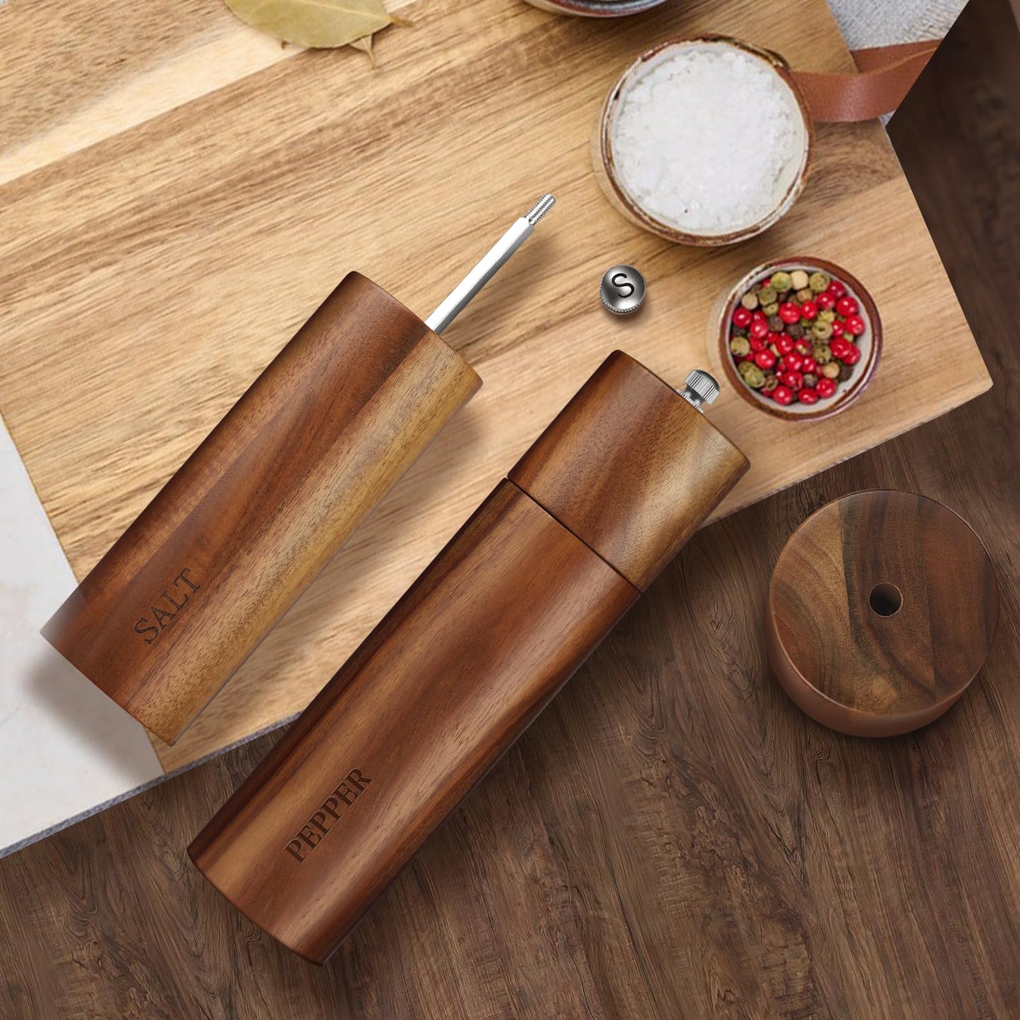 Acacia Wood Salt and Pepper Grinder Set with Base - Adjustable Ceramic Rotor Manual Pepper Mill and Salt Shaker - Refillable Wooden Spice Grinders for Kitchen Cooking, Farmhouse Decor & Gifts
