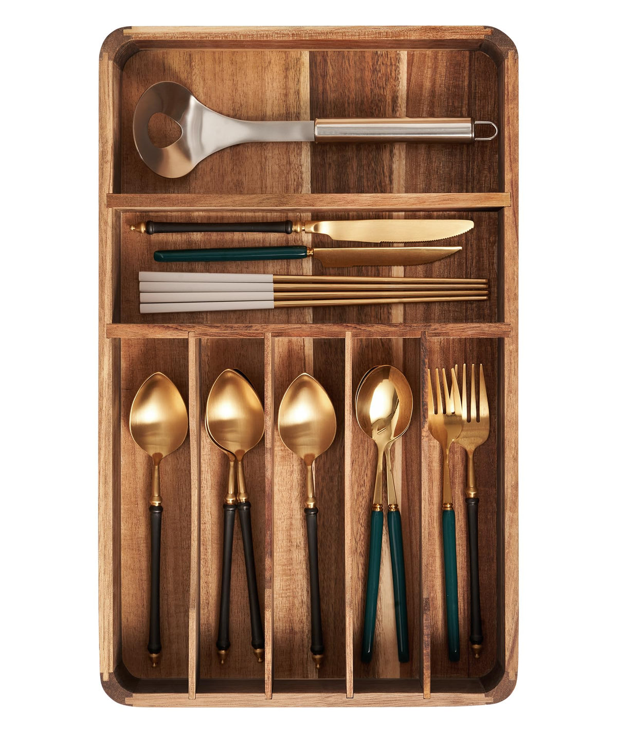 blossome better addition to better life Silverware Drawer Organizer, Acacia Wood Tray for Cutlery & Flatware | Fixed 10.5" Wide, 7-Compartment Utensil Holder for Forks & Spoons