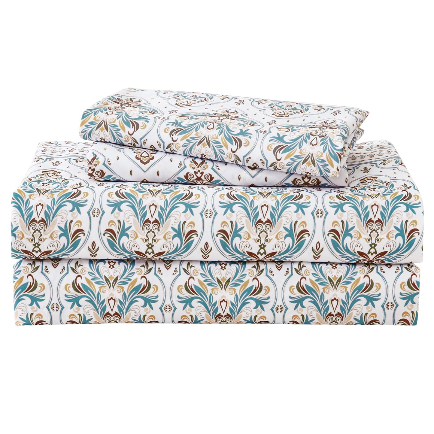 ChicView King Size Paisley Printed Sheet Set,4 Pieces Boho Style Breathable Soft Microfiber Bedsheets, Anti Pilling Deep Pockets Easy Care Bed Sheets, White Green