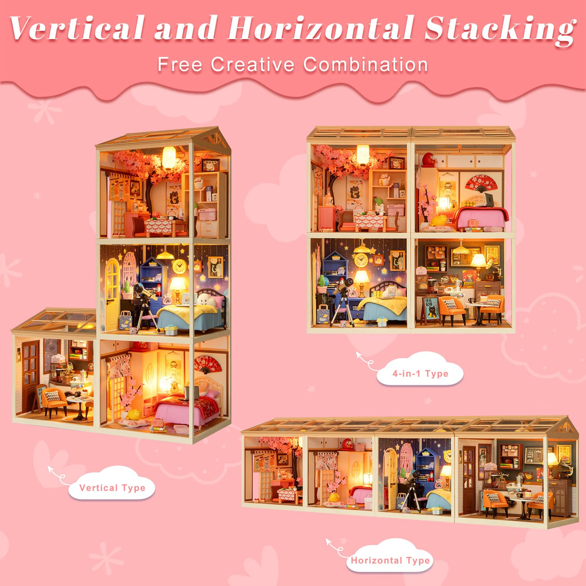 Loyratche DIY Japanese Bedroom Miniature House Kit, LED Light Mini Dollhouse Kit for Adults and Teens, with Roof & Dust Covers, Tiny House Gifts for Kids and Adults