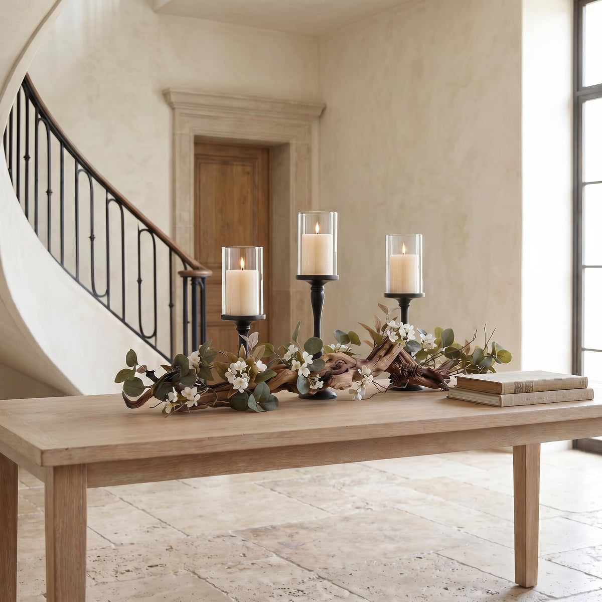 Eucalyptus Table Centerpiece with Candle Holders, Farmhouse Dining Table Decor, Rustic Greenery Centerpiece for Coffee Table, Mantle, Entryway, Wedding & Home Decor (Black)