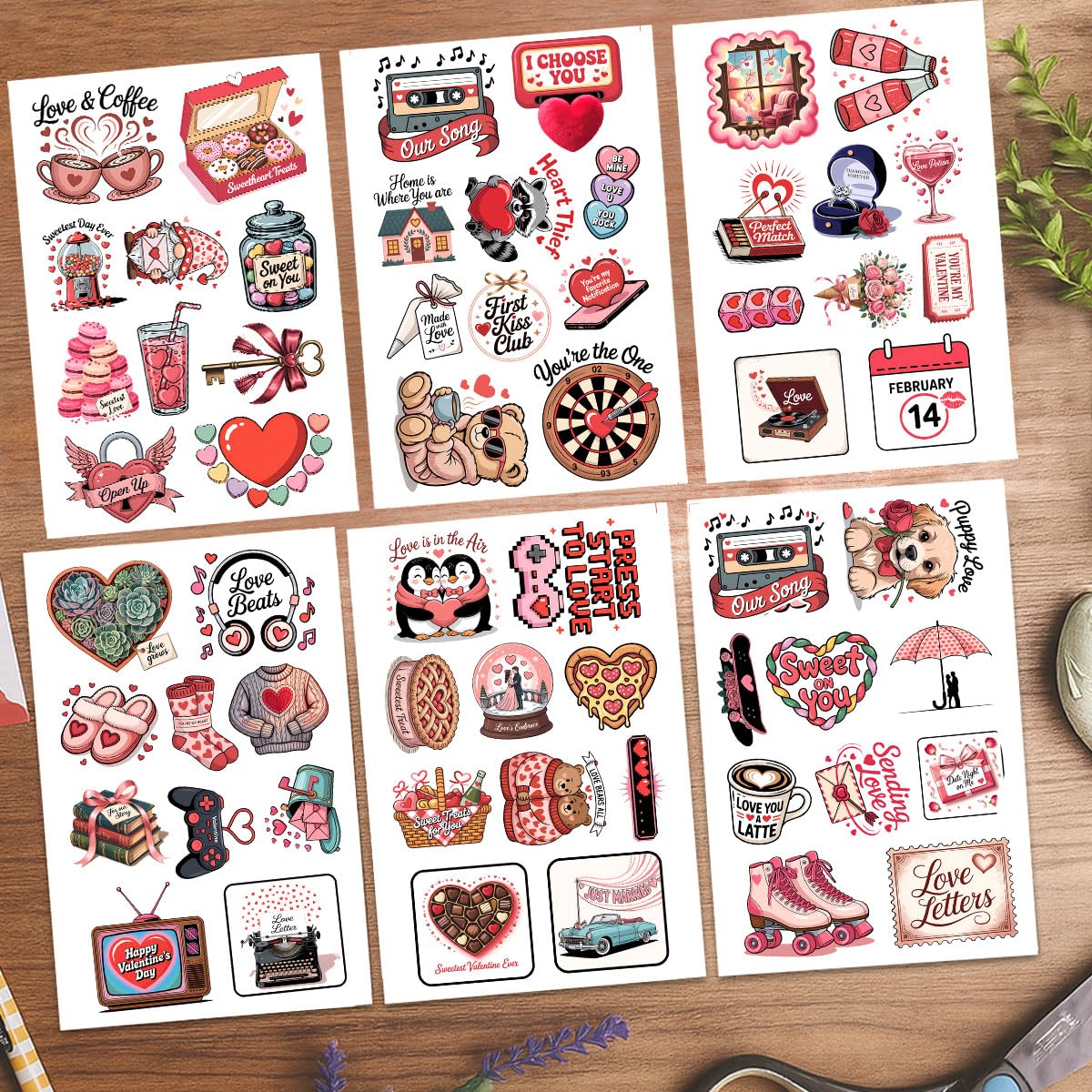 60Pcs Valentine's Day Sticker Pack – Cute Love-Themed Stickers with Hearts, Roses, Bears, Candy, Music, and Sweet Quotes – Perfect for Scrapbooking, Journaling, Gifts, and Valentine's Decorations