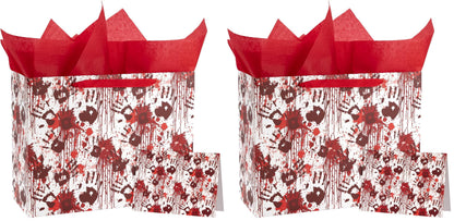 WRAPAHOLIC Bloody Halloween Large Gift Bags with Tissue Paper and Card - 10 x 5 x 13 inch - Spooky Blood Splatter and Handprint Halloween Paper Bags for Holiday, Party Gift Wrap (Pack of 2)