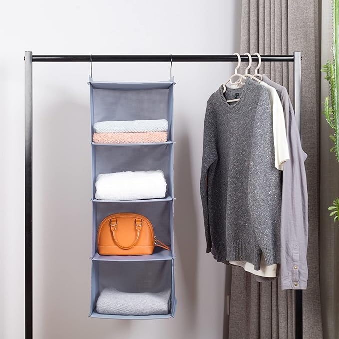Hanging Closet Organizer, Easy Mount Foldable 4-Shelf Hanging Closet Wardrobe