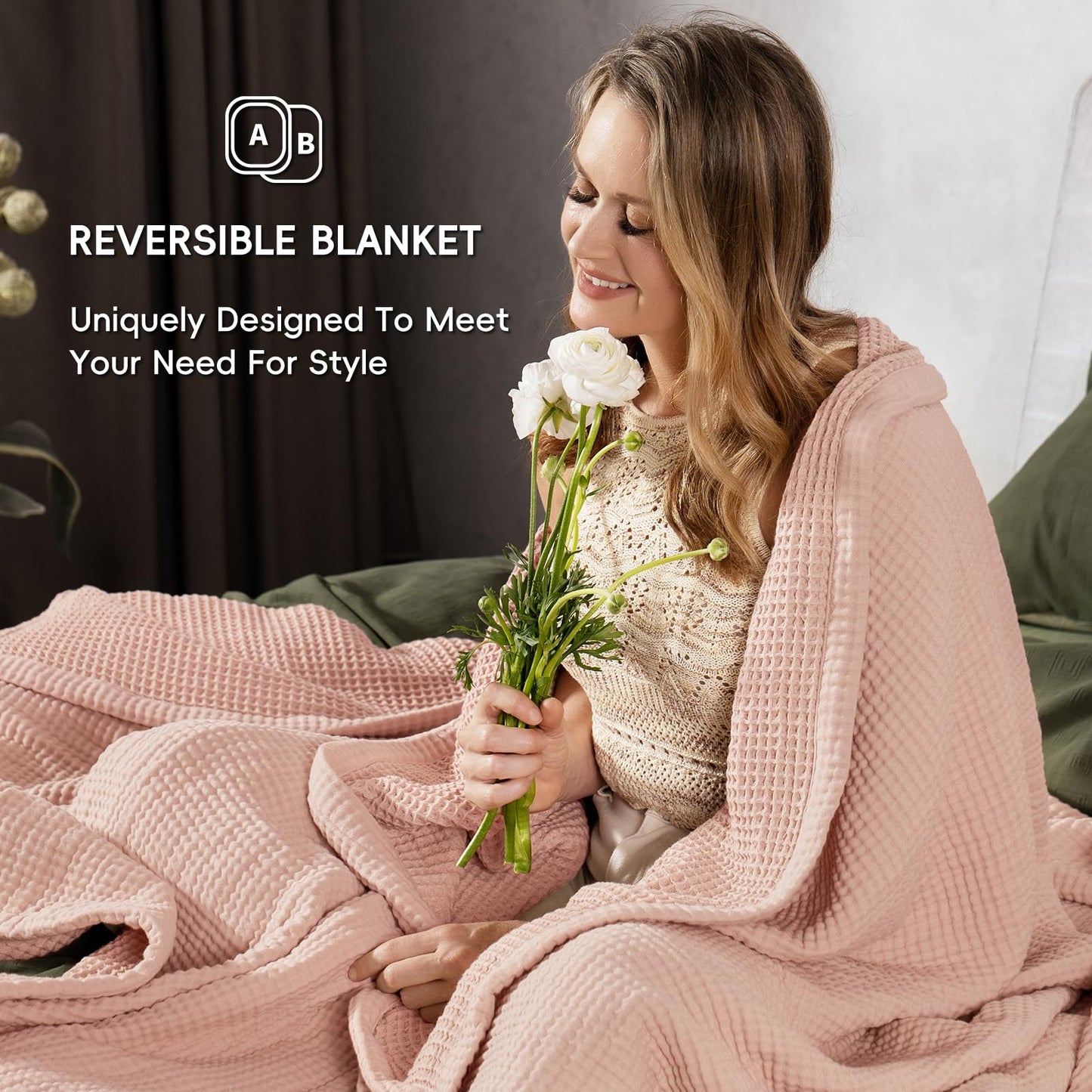 PHF 100% Cotton Waffle & Muslin Blanket Queen Size, Soft Breathable Luxury 400GSM Versatile Reversible Bedding for Bed, Great for Layering in Cold Weather, Home Decor Gift, 90" x 90", Rose Smoke