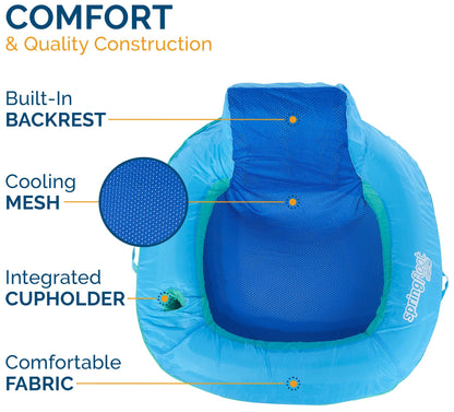 SwimWays Spring Float SunSeat Pool Lounge Chair, Inflatable Pool Floats Adult with Fast Inflation & Back Rest for Ages 15 & Up, Blue