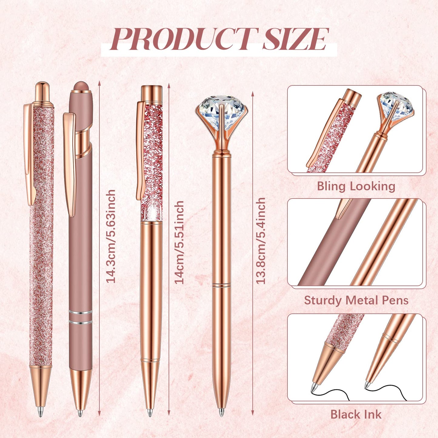 Sabary 8 Pcs Rose Gold Pens with Pen Holder for Desk Glitter Crystal Diamond Cute Ballpoint Fancy Pencil Holder Bling Desk Organizer for Women Girls Gifts School Office Valentine Supplies