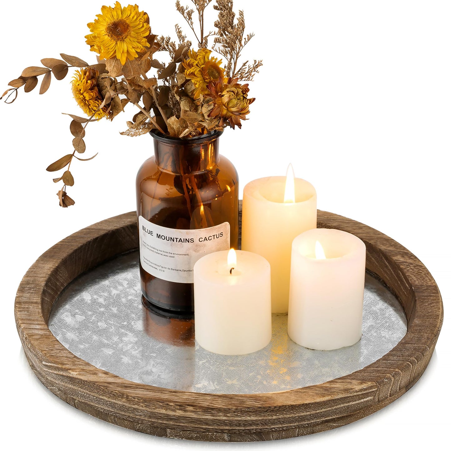 Hanobe Candle Plate Holder Tray: Round Wood Decorative Candle Plate - Rustic Farmhouse CoffeeTable Decor - Tealight Pillar Trays for Home Decor (Distressed Mirror)