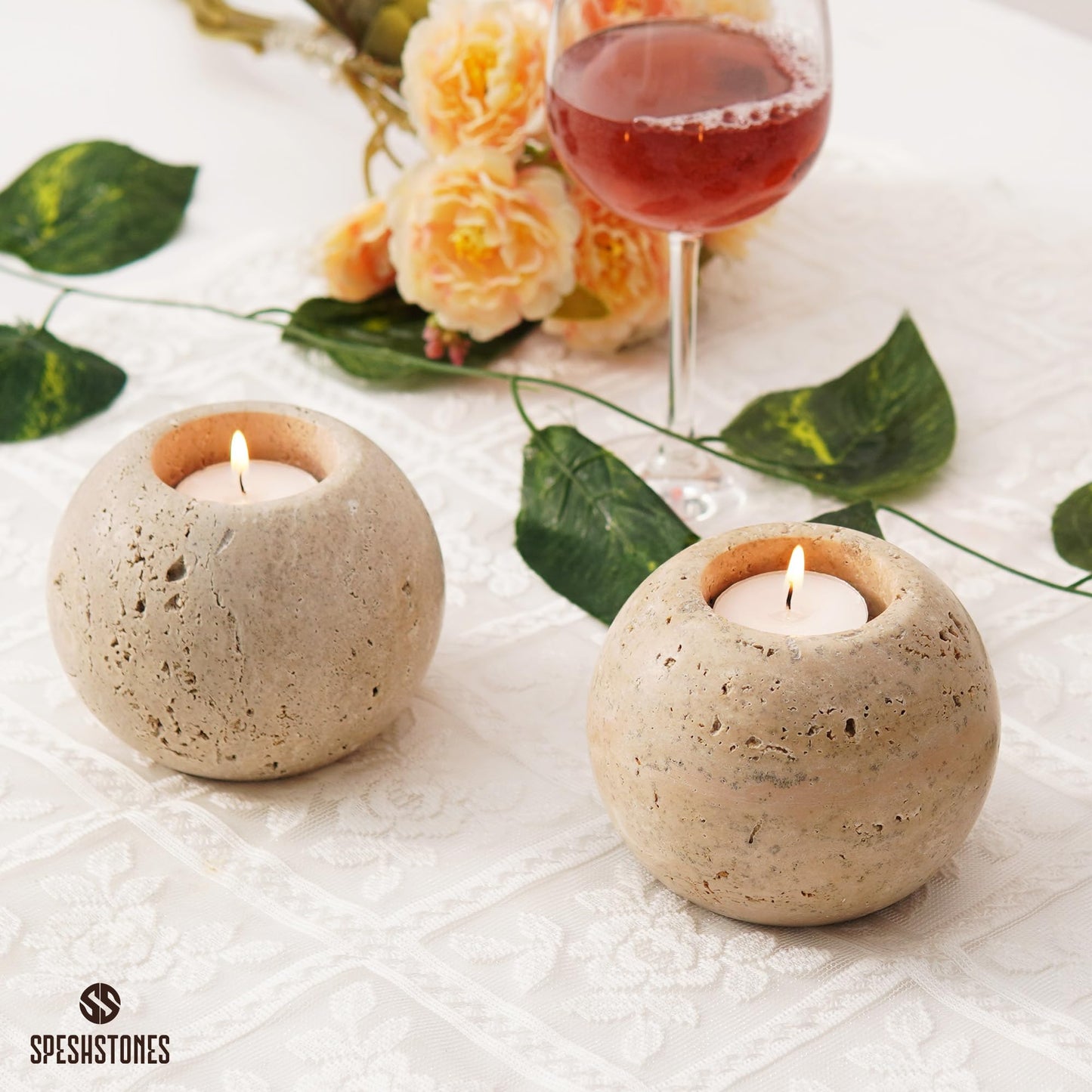 SPESHSTONES Marble Tealight Candle Holders 4 Inch Travertine Votive Candles Holder for Gifts, Tea lights Candles Set of 2 For Birthday, Wedding, Dining Tables Centerpieces & Valentines day Decorations