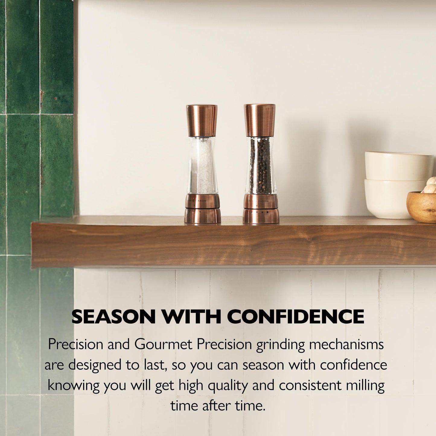 Cole & Mason Derwent Salt & Pepper Grinder Set - Salt & Pepper Grinder Set with Adjustable Grind Settings - Easily Refillable Spice Mills for Enhanced Taste - Copper with Stainless Steel Funnel