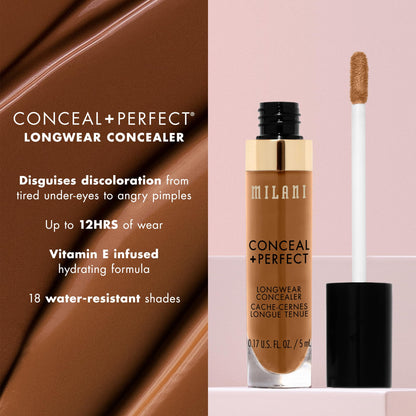 Milani Conceal + Perfect Longwear Concealer Full Coverage Infused with Hyaluronic Acid & Vitamin E, Cover Dark Circles, Blemishes & Skin Imperfections for Long-Lasting Wear - Light Nude