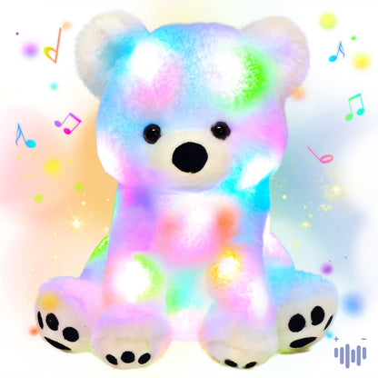 Hopearl LED Musical Stuffed Polar Bear Lighting Up Singing Plush Toy Adjustable Volume Lullaby Animated Soothe Birthday Festival for Kids Toddler Girls, White, 11''