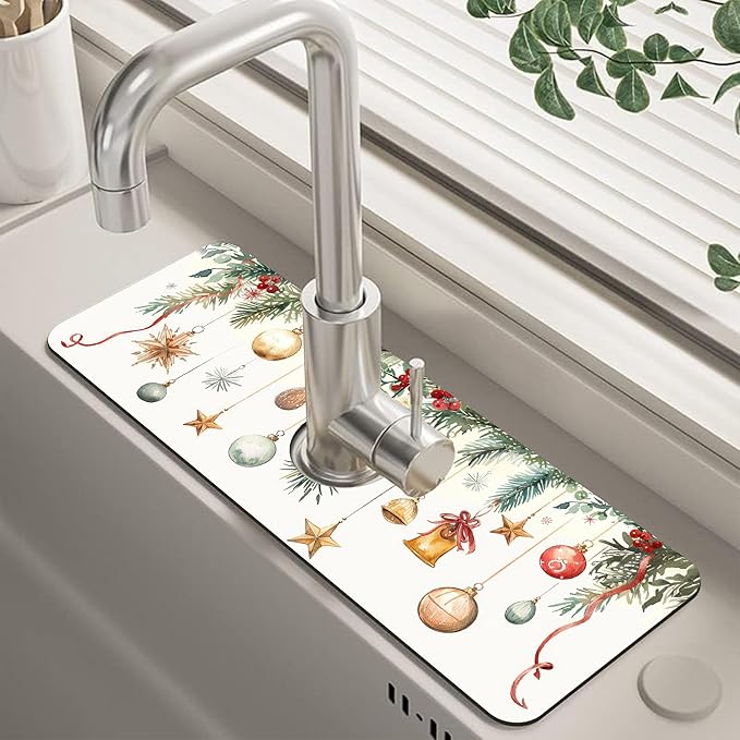 Christmas Star Balls Bells Kitchen Sink Splash Guard Mat Absorbent Fast Drying