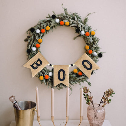 2 Pcs Pre Strung Happy Halloween Banners Rustic Burlap Boo Banners with Felt Ball Pom Pom Garland for Halloween Decorations Indoor Fireplace Mantle Walls Decor