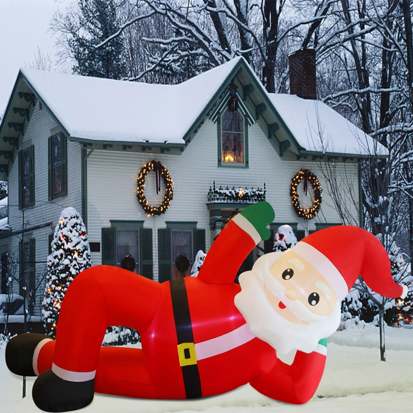 Juegoal Christmas Inflatables Outdoor Decorations, 12FT Long Inflatable Xmas Santa Claus, Lighted Blow Up Giant Lying Santa with Built in LED Lights, Light Up Holiday Winter Lawn Yard Garden Decor