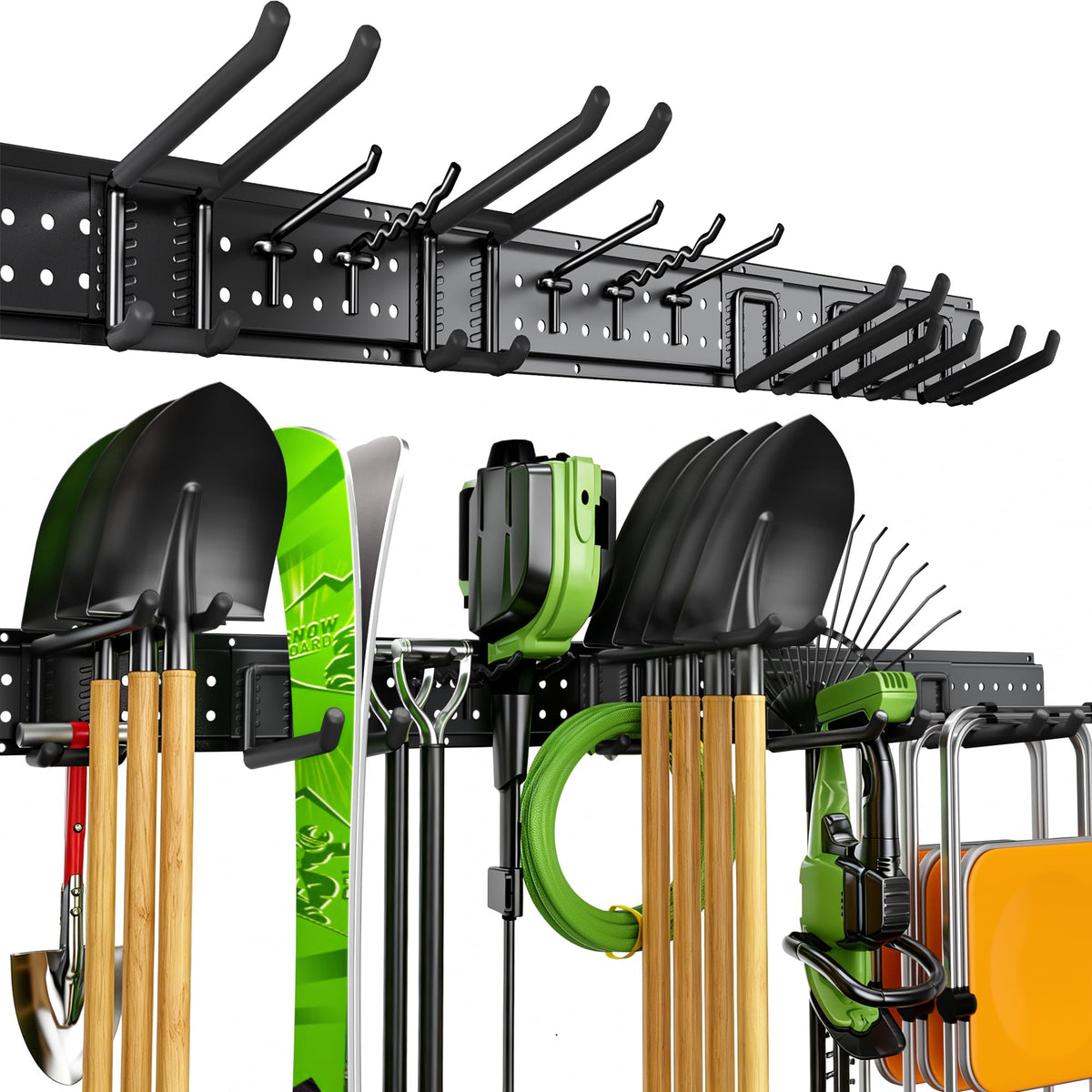 HOLDRAIS Garage Tool Organizer Wall Mount, 49.5 Inch Heavy Duty Garage Organization System with 10 Adjustable Hooks, Garden Tool Storage Rack for Garage, Yard & Shed, Holds Up to 400 lbs