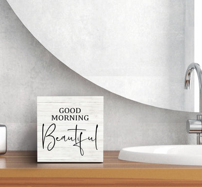 SRADMO Good Morning Beautiful Wood Box Sign Desk Decor,Rustic Wooden Block Box Sign Decoration For Home Bedroom Bathroom Shelf Table Decor