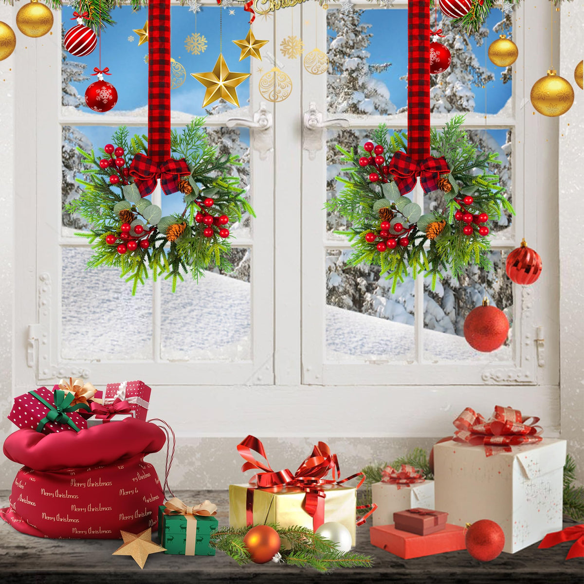 Small Christmas Wreath - 2Pcs Mini Wreaths with Red Berry Pine Eucalyptus for Kitchen Window Decor Small Farmhouse Wreaths Garland for Indoor Home Cabinet Decorations