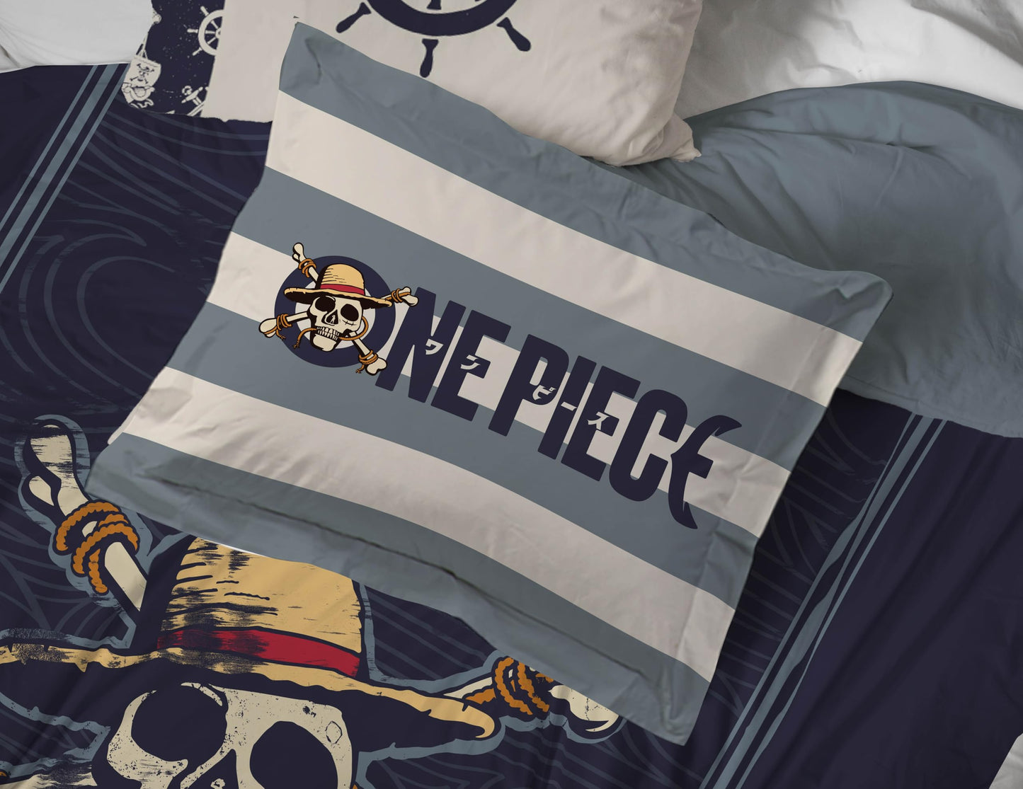 Jay Franco One Piece Twin Size Comforter Set - 5 Piece Blue Bedding Includes Sheet Set & Pillow Covers - Super Soft Anime Bedding with Skull and Bones
