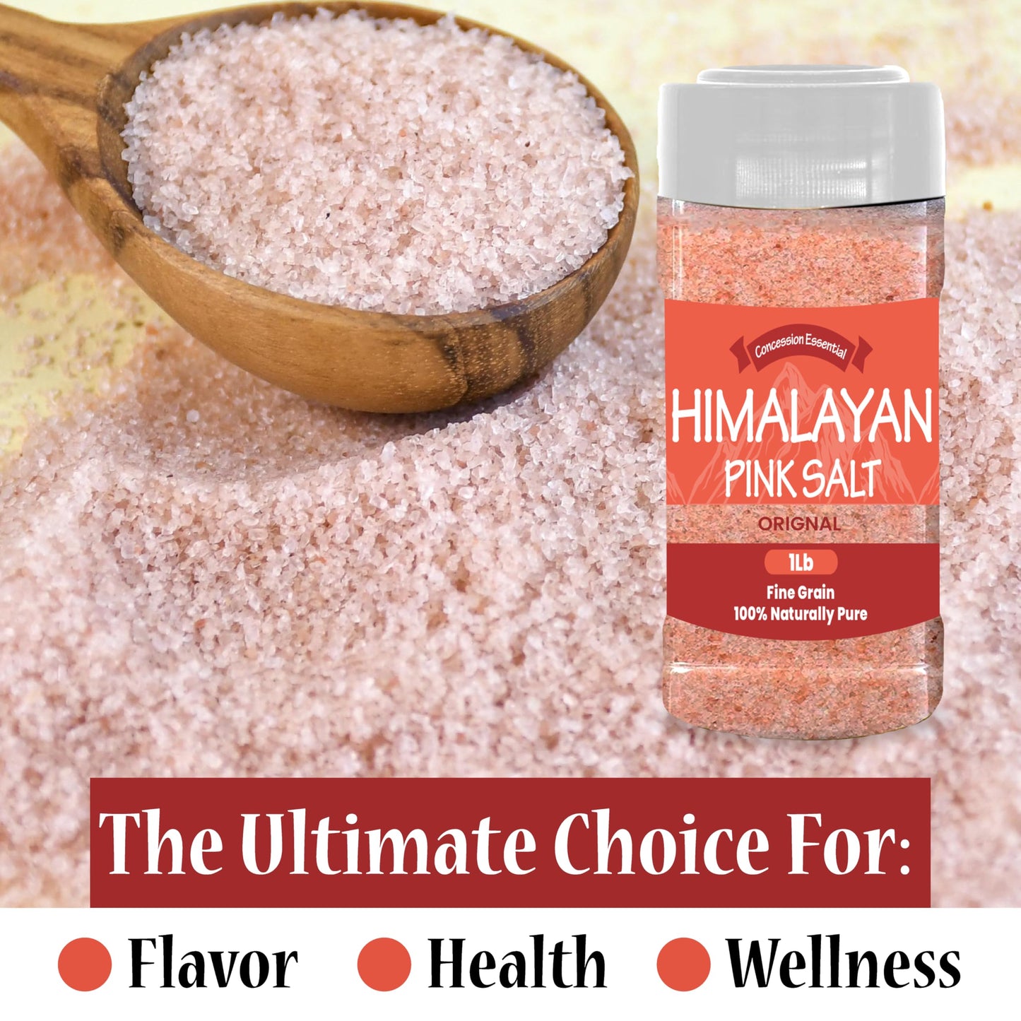 Concession Essentials- Himalayan Fine Grain Pink Salt (1lb) Includes a 3" Wooden Scoop