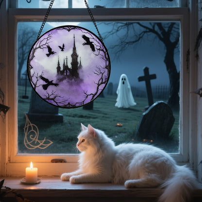 CRISGIF Stained Glass Window Hanging - Halloween Gothic Castle Purple Smoke Suncatcher for Doors Garden Home Spooky Crow Sun Catchers Gothic Decor Horror Gift for Women Men Friend Boy Girl 9.8 in