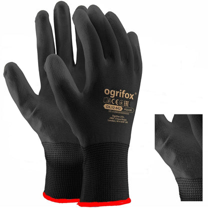 24 Pairs PU Coated Black Nylon Work Gloves. Gardening, Builders, Mechanic by AJS LTD® (M-8)