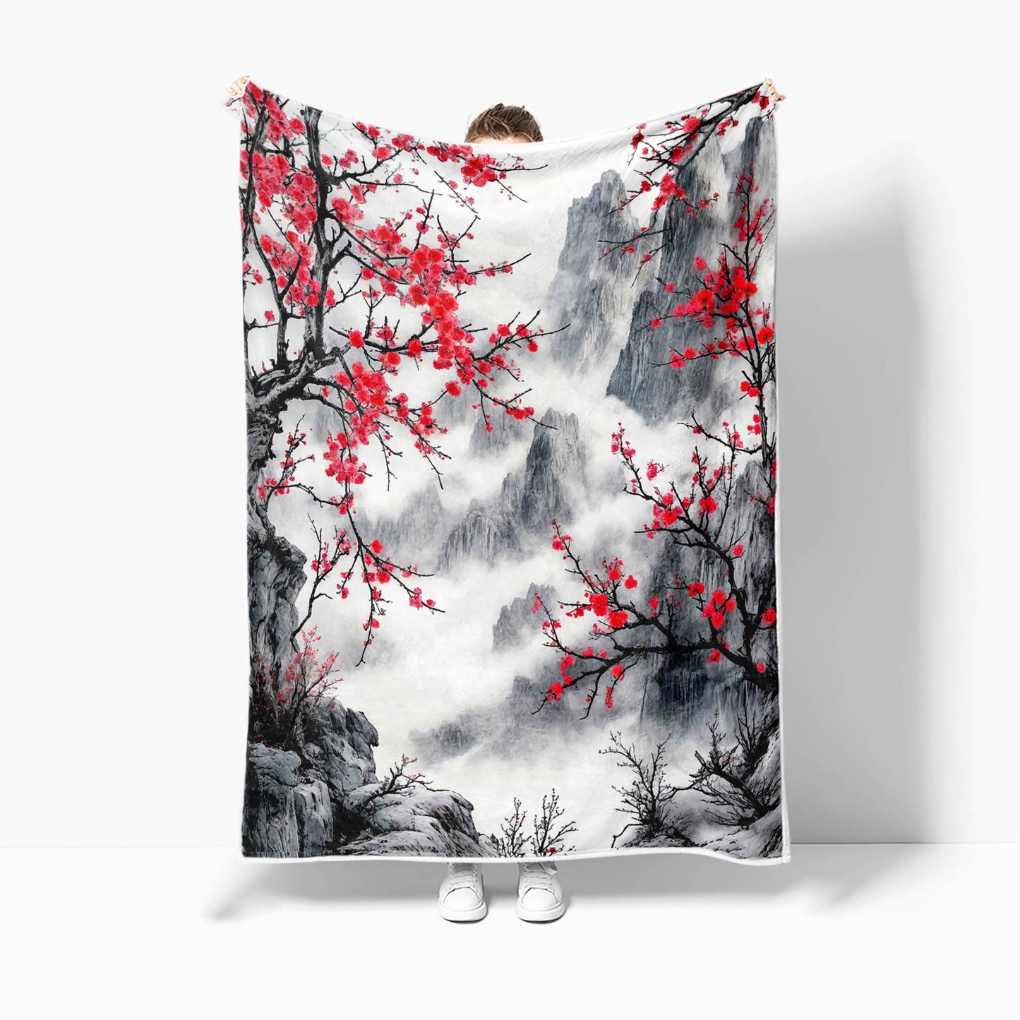 DYNH Japanese Cherry Blossom Throw Blanket, Asian Nature Landscape Mountain Cherry Branches Ink Painting Soft Warm Flannel Black White Grey Throw Blanket,50X60