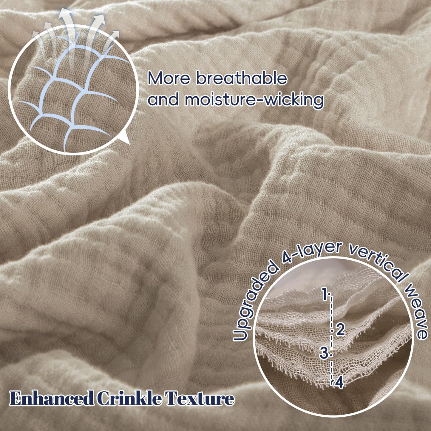 PHF 100% Cotton Muslin Throw Blanket 50" x 60", 4-Layer Lightweight Gauze Throw, Breathable Cloud-Soft Minimalist Blanket for Bed, Couch, Camping, Taupe, Ideal Gift