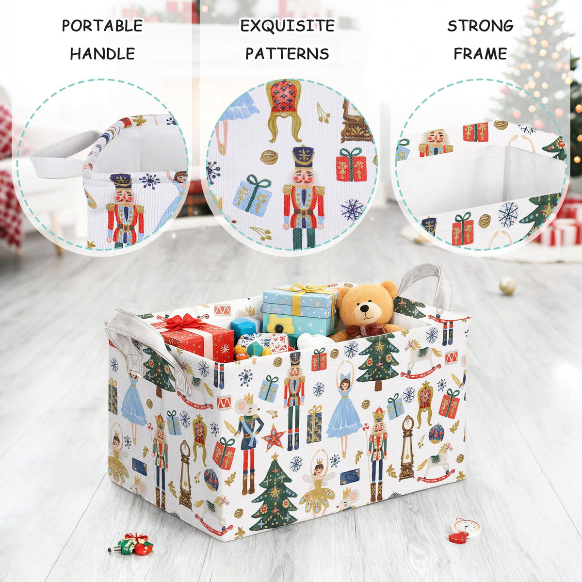FYSUIMU 2Pcs Christmas Storage Basket Collapsible Canvas Organizer Cartoon Nutcracker Fabric Storage Bin with Handles for Shelf Closet Winter Xmas Home Organizer Decor