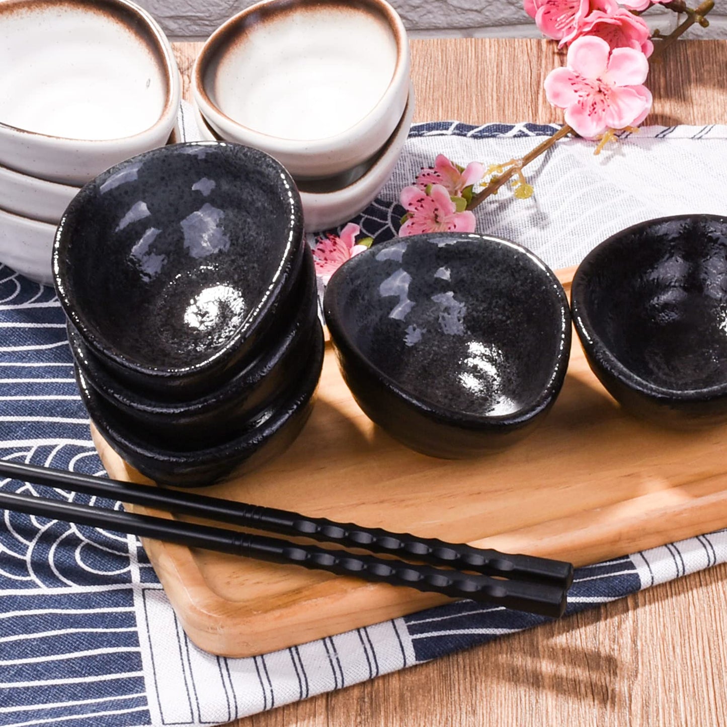 LMRLCS Japanese Dipping Sauce Bowls Elliptical Porcelain Soy Sauce Dish Sushi Dish Ceramic Asian Sauce Bowls Set of 5 for Vinegar,Oil,Salt,Salad Soy Sauce,Wasabi, Black
