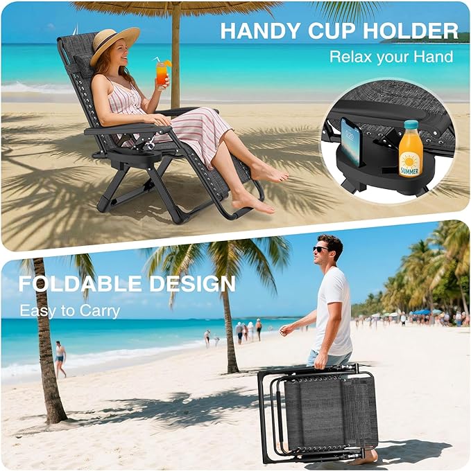 Suteck Zero Gravity Chair, Reclining Camping Lounge Chair w/Removable Cushion, Upgraded Lock and Cup Holder, Reclining Patio Chairs Folding Recliner for Indoor and Outdoor