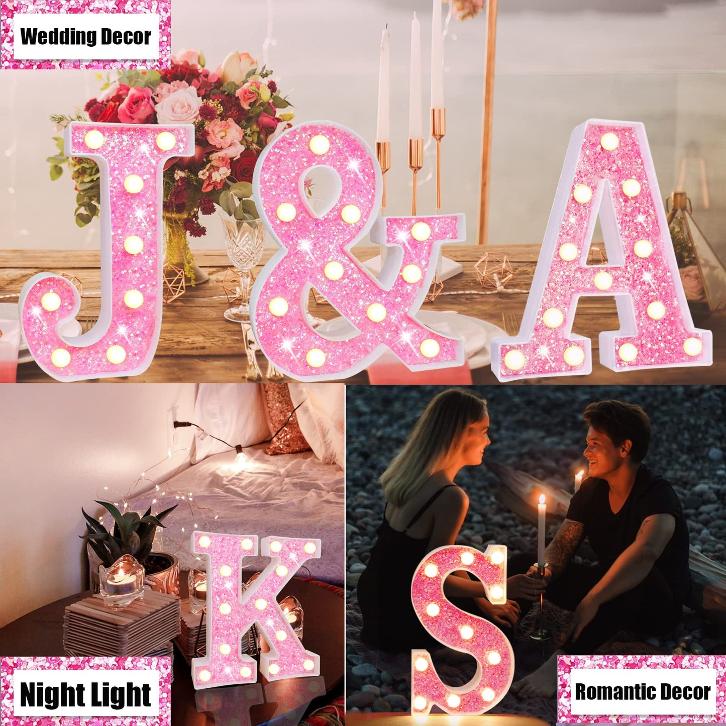 Pink Light Up Letters, Glitter Alphabet Letter Sign LED Marquee Letter Lights Battery Powered for Night Light Girls Bedroom Birthday Party Wedding Home Christmas Decorations Gift for Her-Pink N