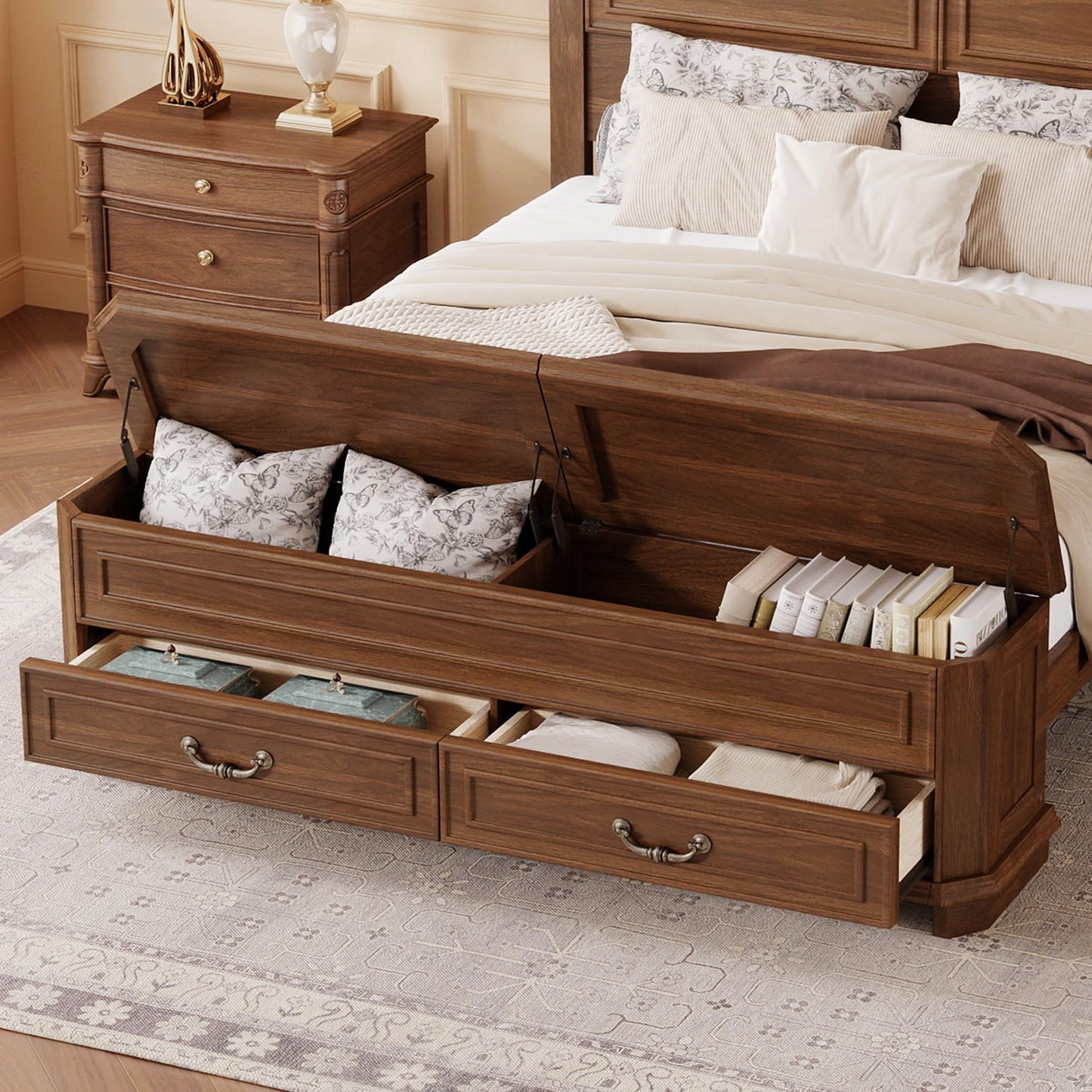 Ball & Cast Farmhouse Queen Size Bed Frame with Tall Headboard and Storage Bench,Wood Platform Bed Frame Queen Size with with Storage Footboard & 2 Large Storage Drawers, No Box Spring Needed,Walnut